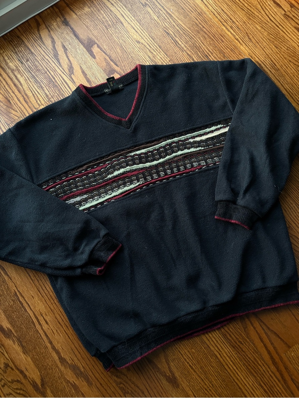 Black V-Neck Sweater with Patterned Chest Stripe and Maroon Trim